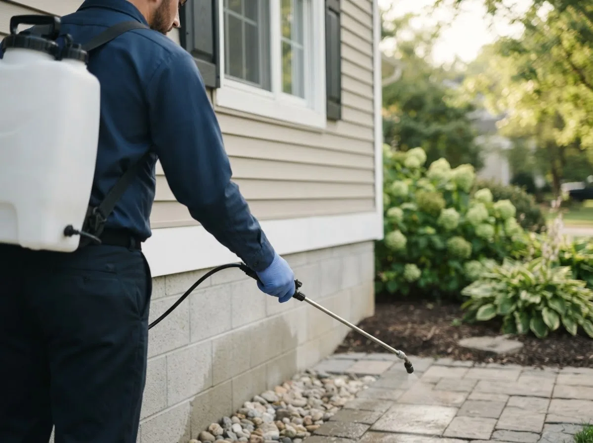 Pest control technician inspecting a home in Wiota, IA